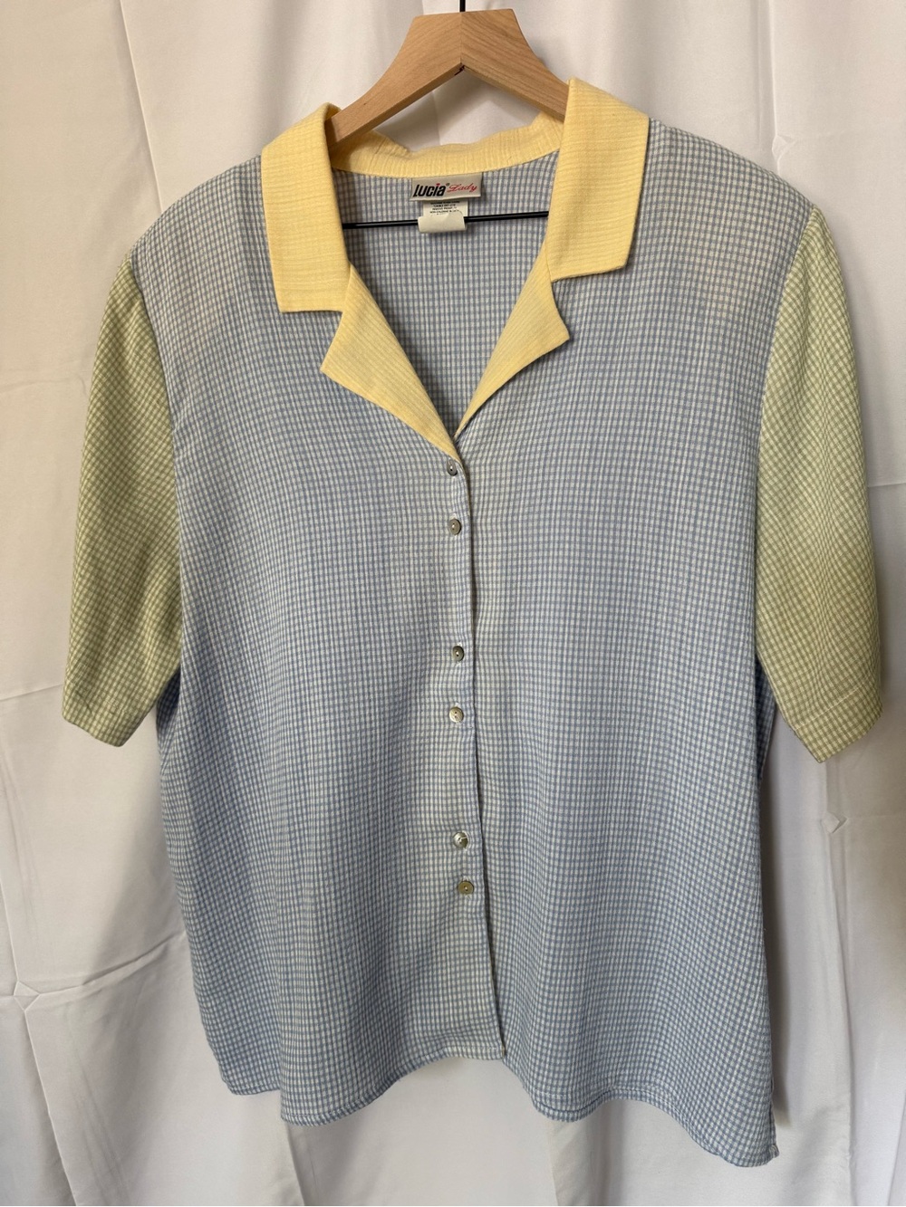 Vintage 90s Lucia Lady Pastel Gingham Colorblock Button Down Short Sleeve Shirt
